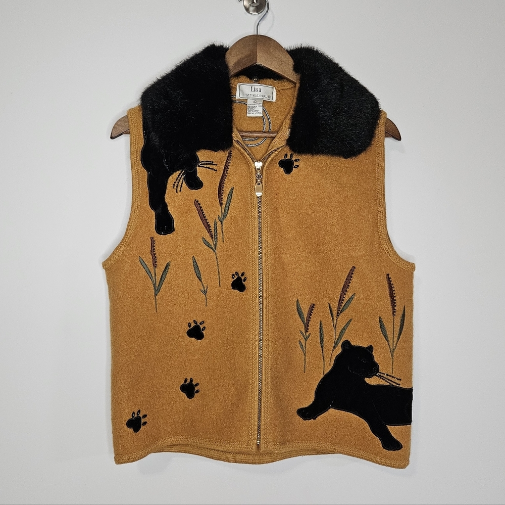 Lisa International Black Panther Vest With Removable Faux Fur Collar Boiled Wool